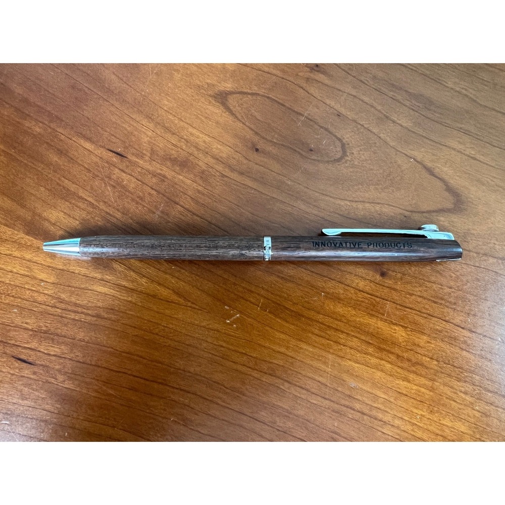 Vintage Innovative Products Wood Grain Ballpoint Pen Chrome Trim Horse Emblem